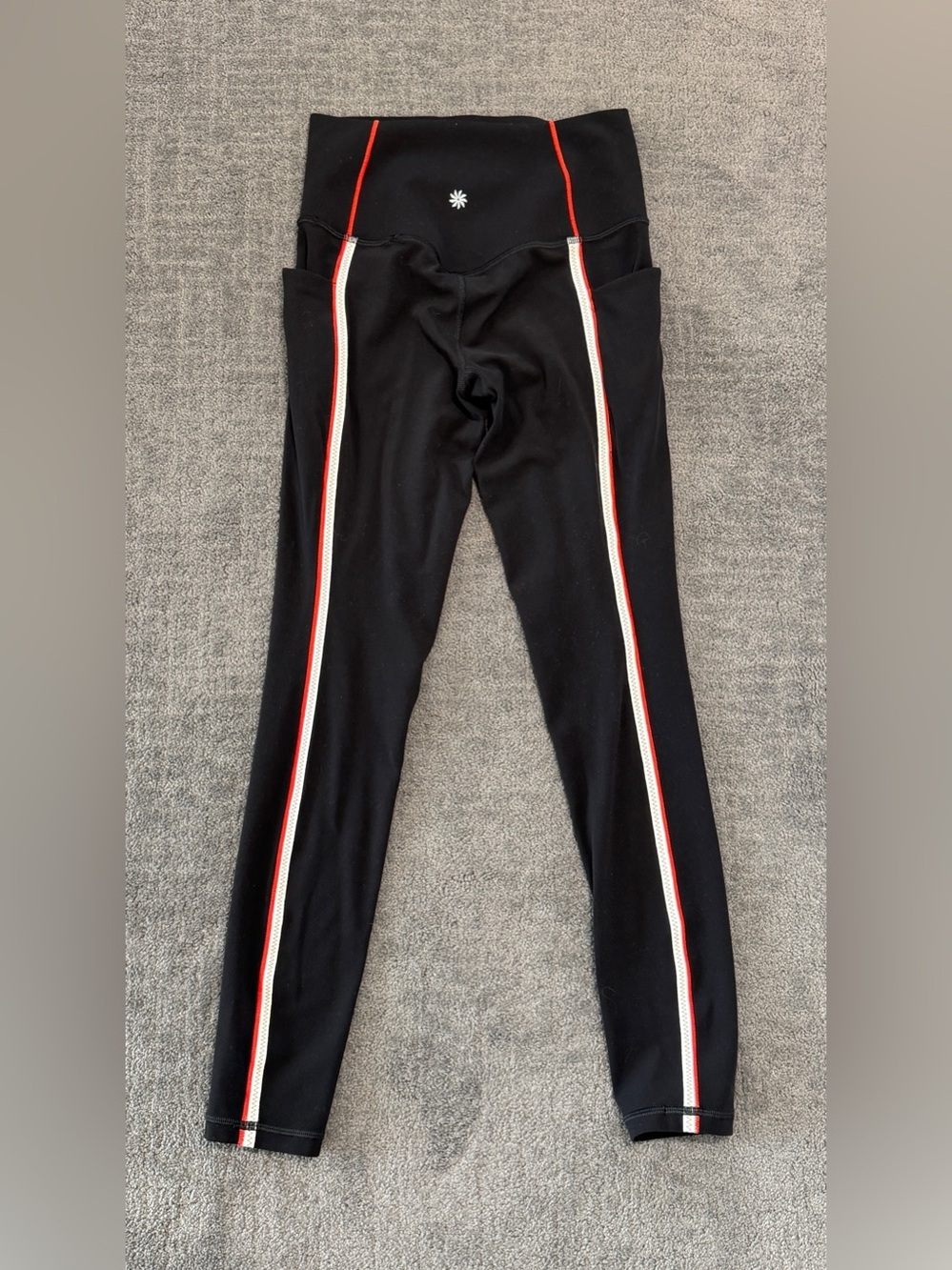 ATHLETA Salutation Stash Tipped Tight Leggings Side Stripe Black Red White
